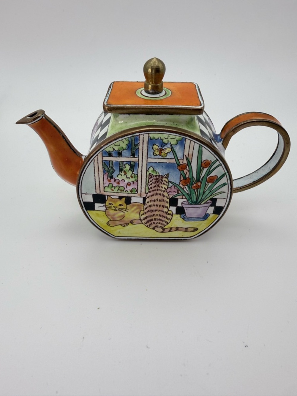 Kelvin Chen Miniature Enamel Teapot No. 2777 Cats by Window Hand Painted 2000